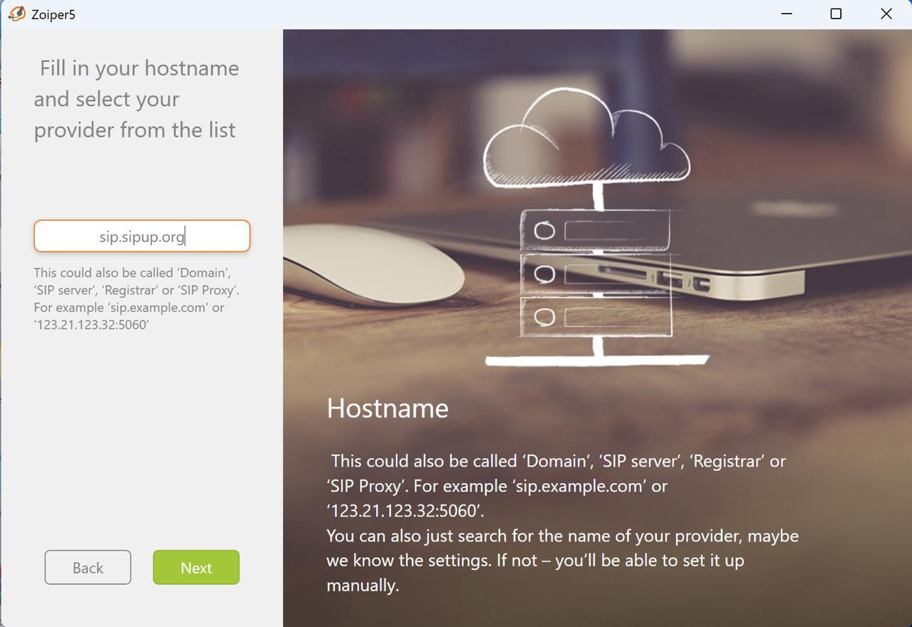 Second screen of Zoiper client settings: fill in your Hostname
